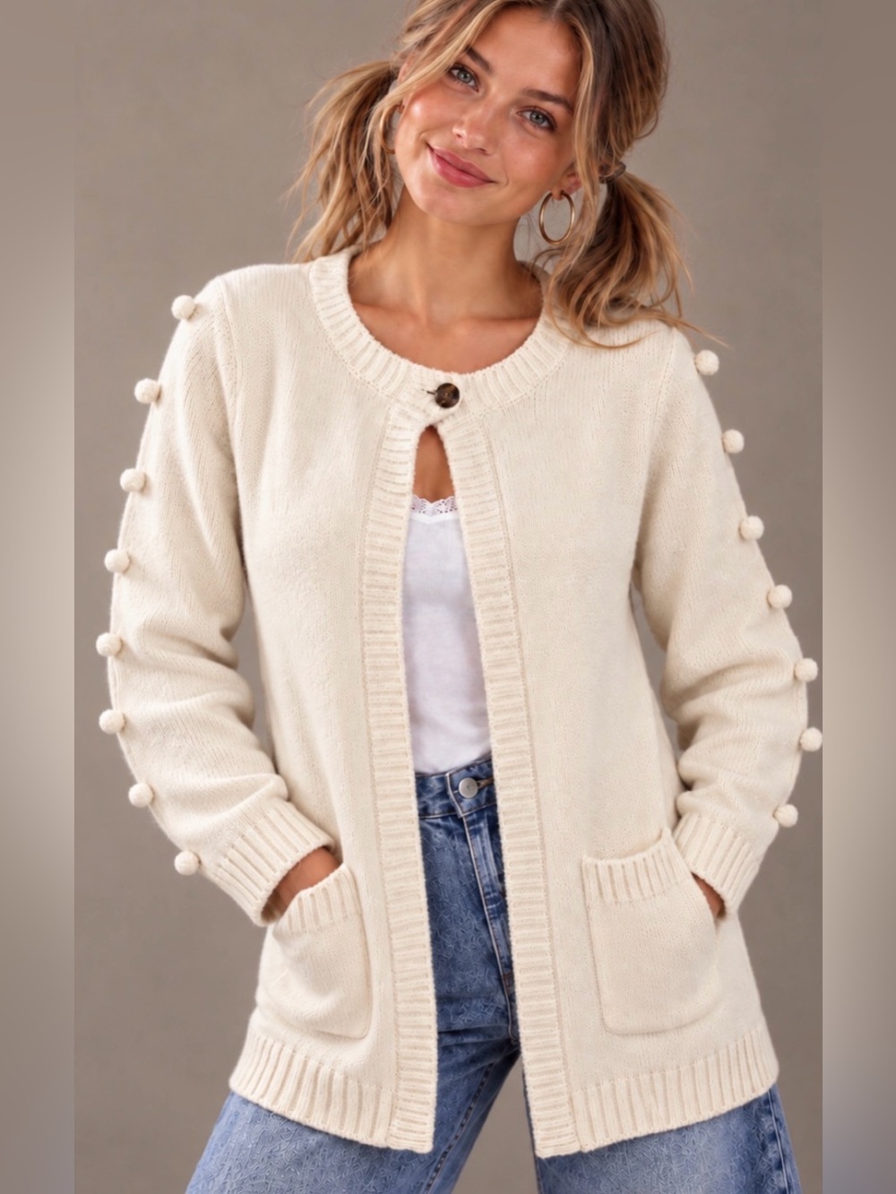 Hanna Anderson Cream Pom-Pom Sleeve Knit Cardigan Sweater w Pockets - Size 12